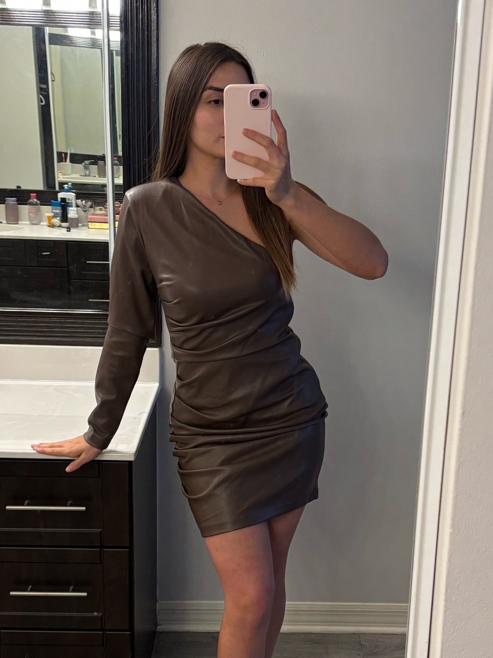 Express One-Shoulder Brown Faux Leather Mini Dress